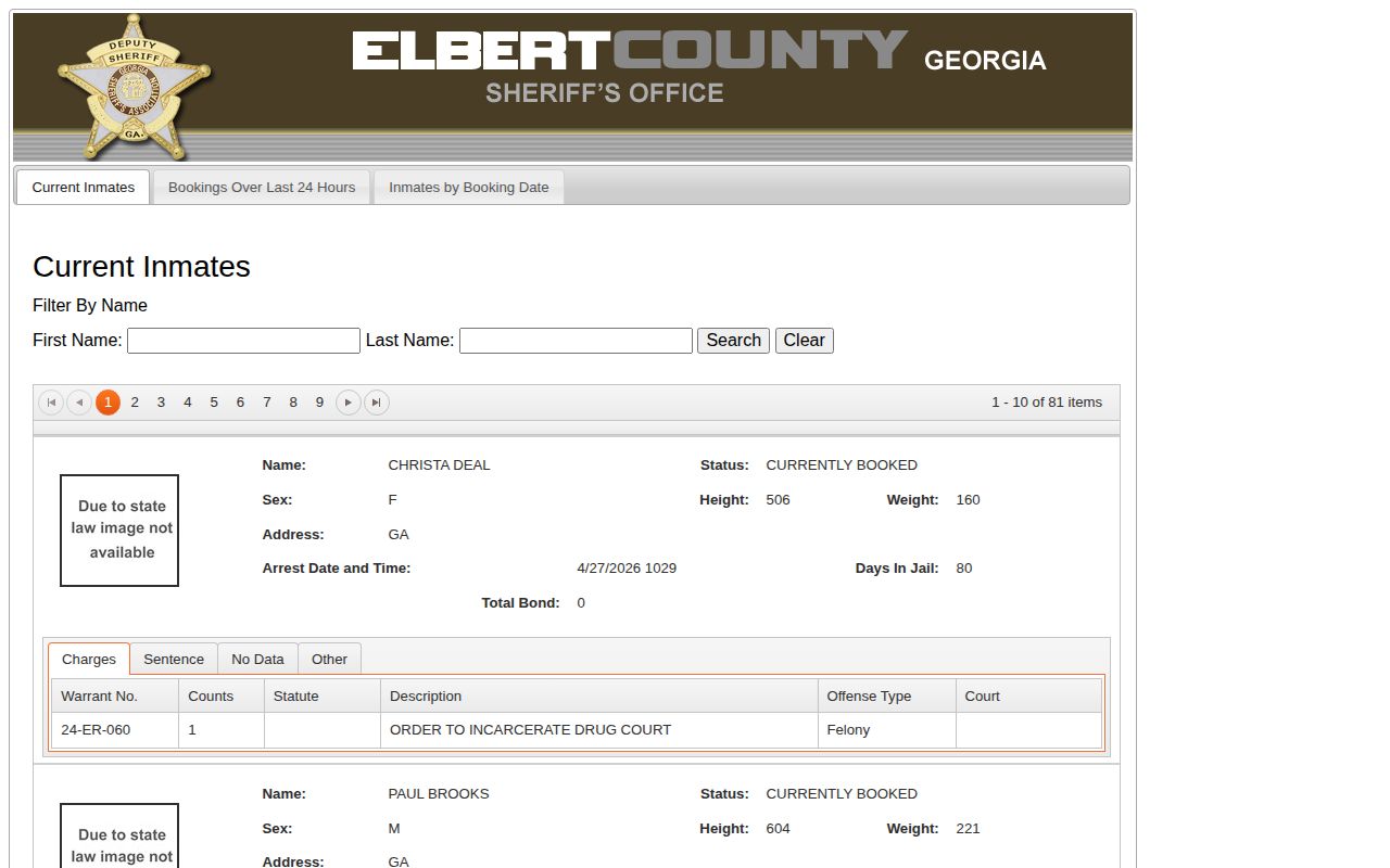 Elbert County 72-hour booking range and previous released-inmate search