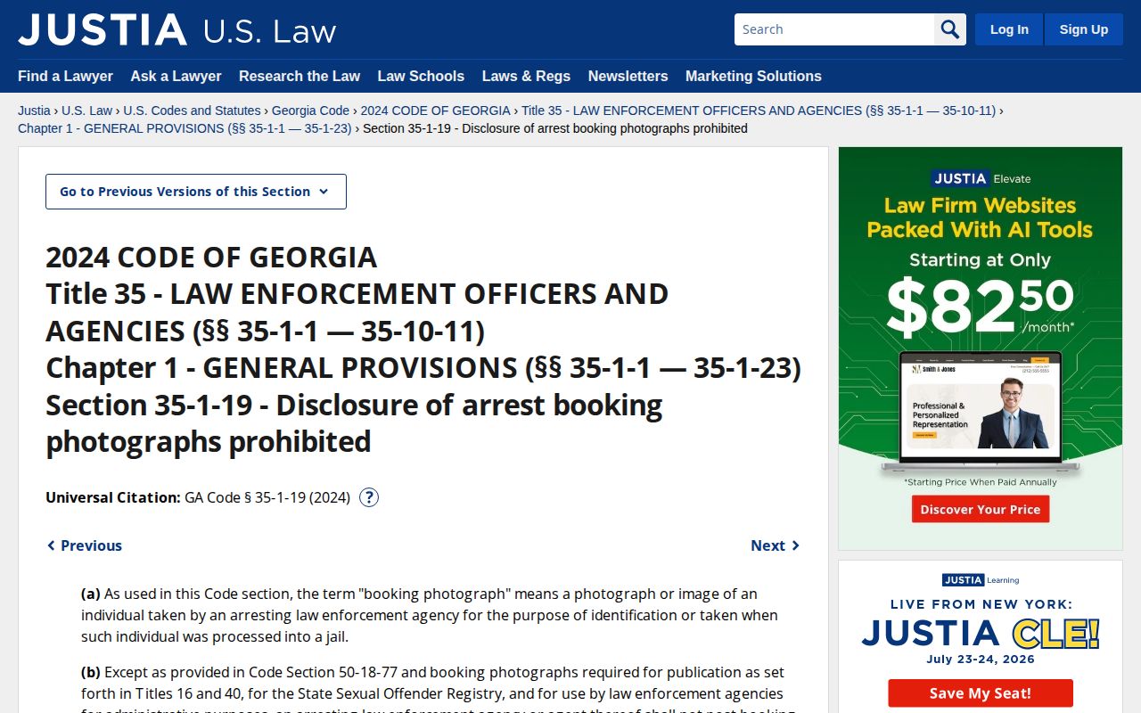 Georgia booking-photo publication law relevant to Elbert County released-inmate mugshots
