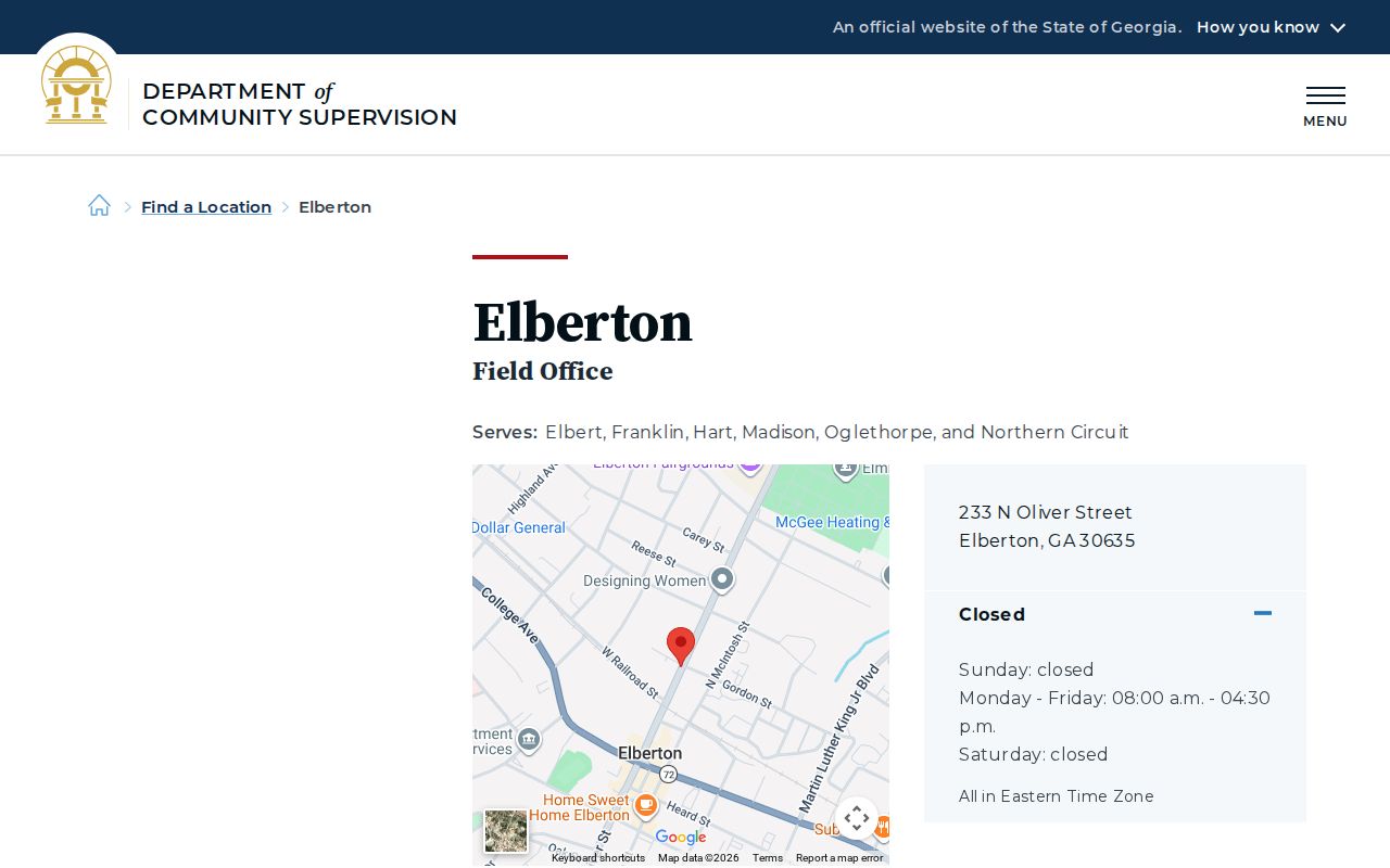 Georgia Department of Community Supervision Elberton office listing